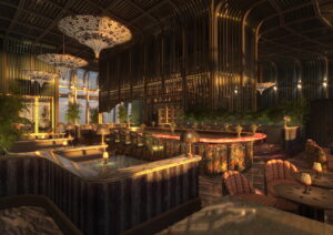 A luxurious, dimly lit lounge with ornate chandeliers, curved velvet seating, patterned armchairs, lush plants, and a glowing bar surrounded by decorative metalwork and large windows.
